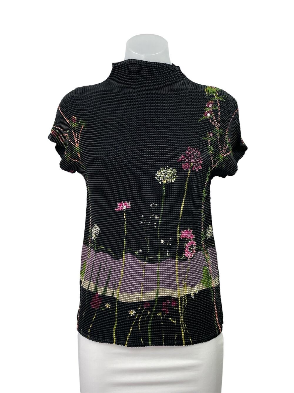 J.T.B. Black Floral Beaded Embellished Short Sleeve Mock Neck Blouse Top Size M
